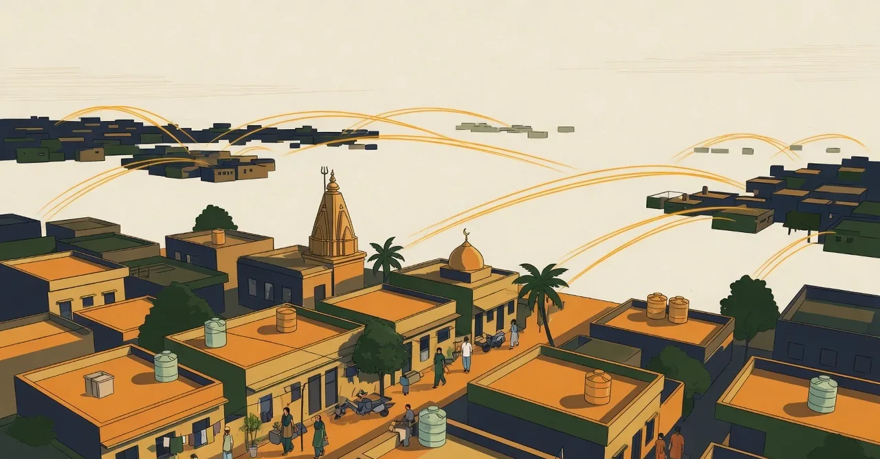An aerial-oblique view of an ordinary Indian neighbourhood at golden hour — low rooftops, water tanks, trees, people walking narrow lanes — from which slender luminous saffron arcs rise and join it to other neighbourhoods on the horizon, which connect onward into a wider network.