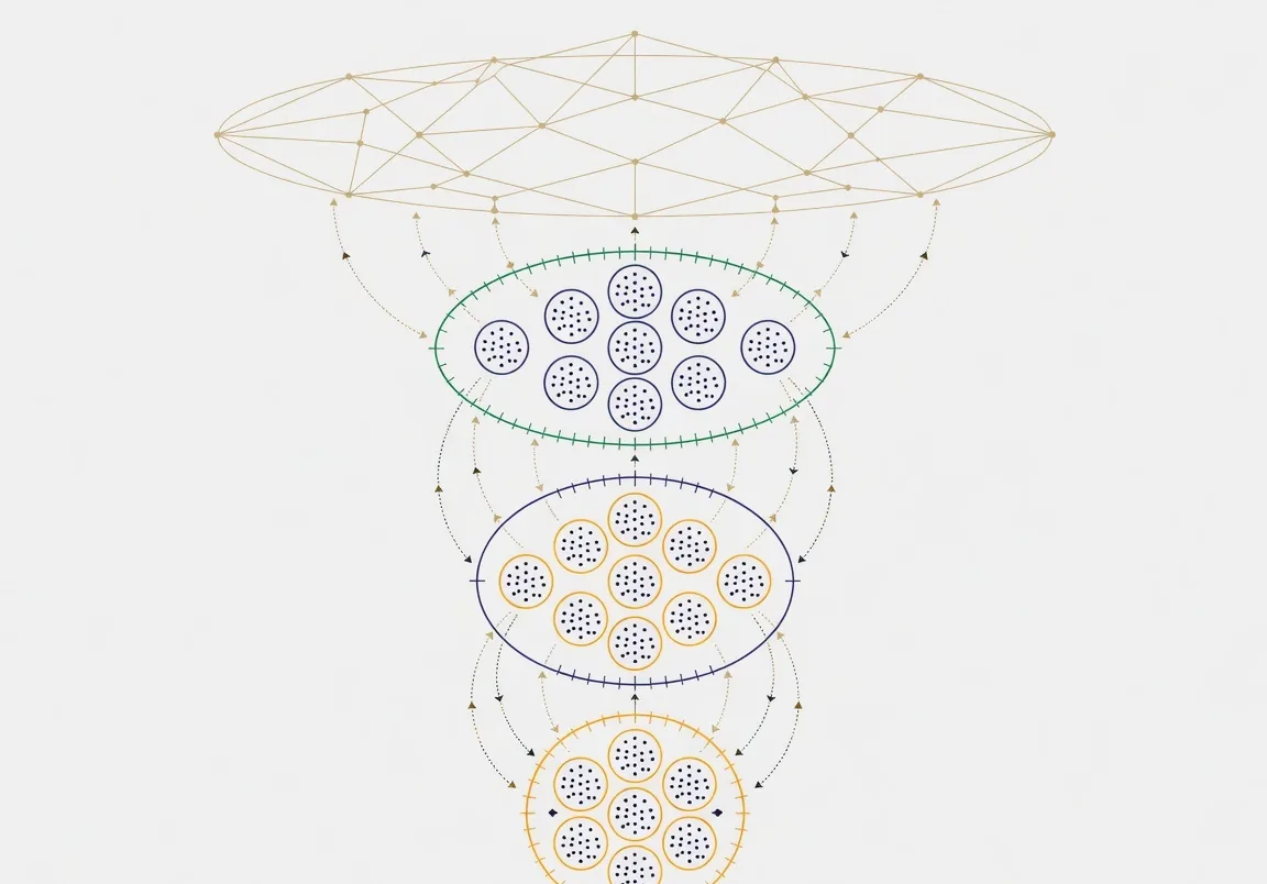 A vertical hierarchy diagram of four nested levels: a dense cluster of dots ringed in saffron, twelve such rings joined into a larger cluster in indigo, a district-scale grouping in green, and a national-scale sparse mesh in gold, with connections flowing both up and down.