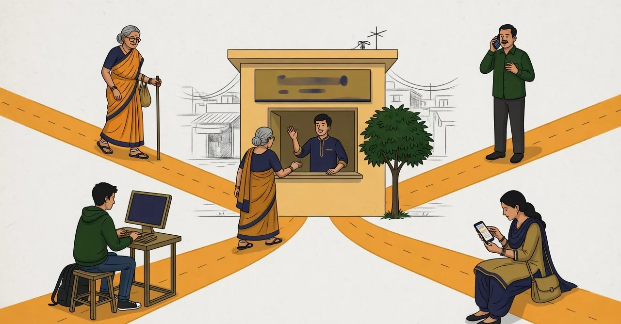 Four residents reaching the same modest single-storey support centre by four different routes: an elderly woman greeted at a walk-in desk, a man speaking into a basic feature phone, a woman typing on a low-cost smartphone, and a teenager at a public terminal.