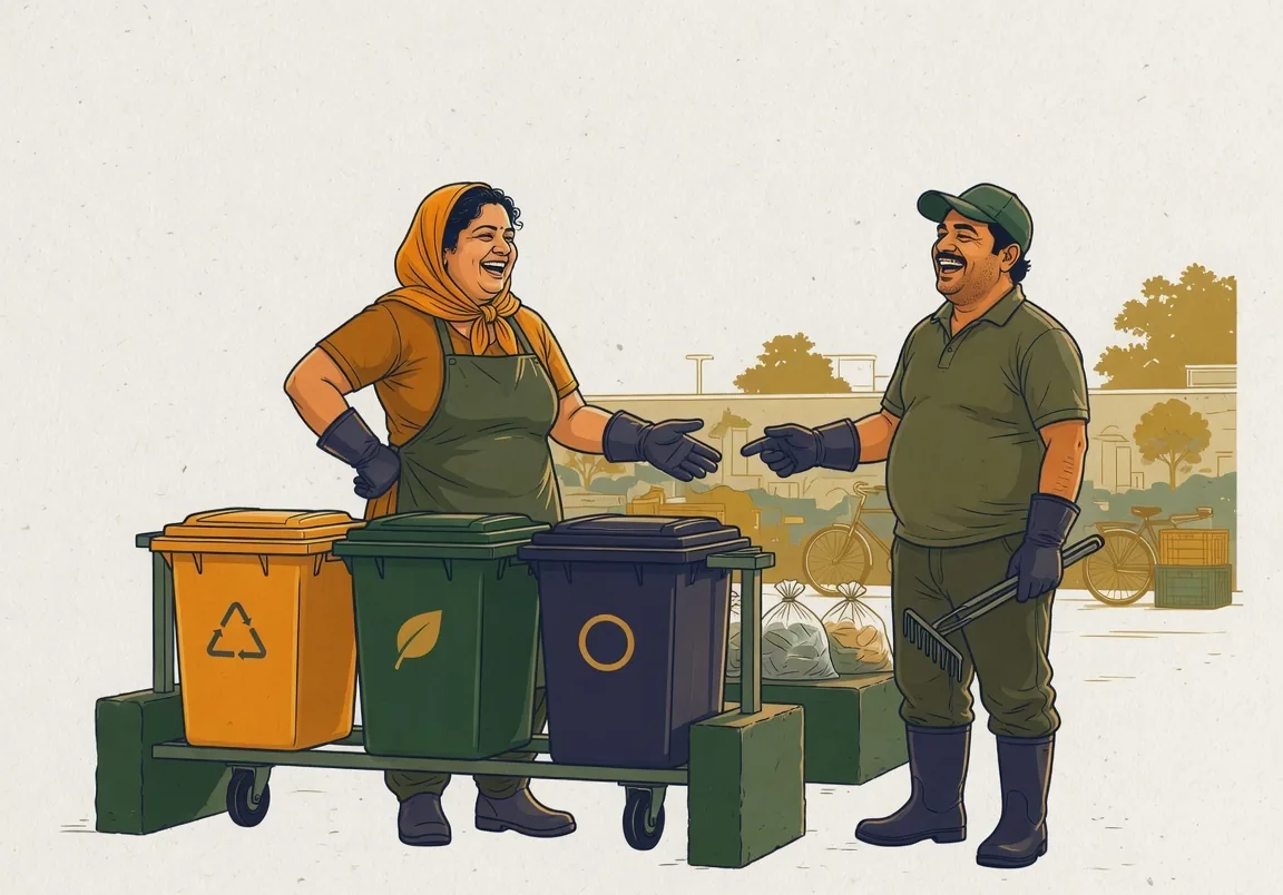 A waste-segregation worker in proper protective gloves and boots at a clean, well-built sorting station with labelled bins, mid-conversation with a colleague, both laughing.