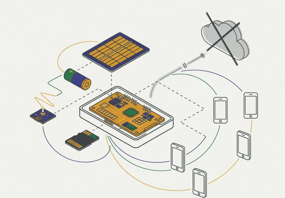 An exploded technical illustration of a compact single-board computer in a simple case with a solar panel, small battery, Wi-Fi antenna and SD card, connected by thin arcs to five phone outlines, with a cloud symbol greyed out and crossed.
