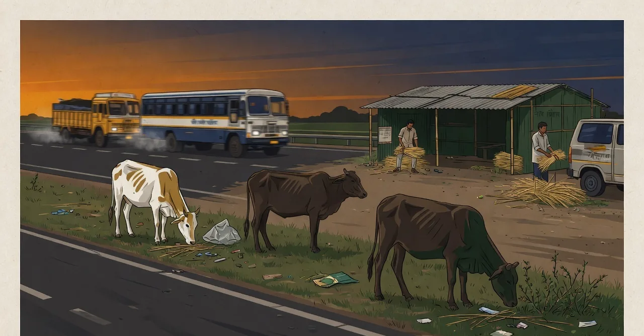 Several abandoned cattle standing on a roadside verge near a highway at dusk, one grazing on refuse, vehicles passing, with a shelter in the middle distance where fodder is being unloaded.