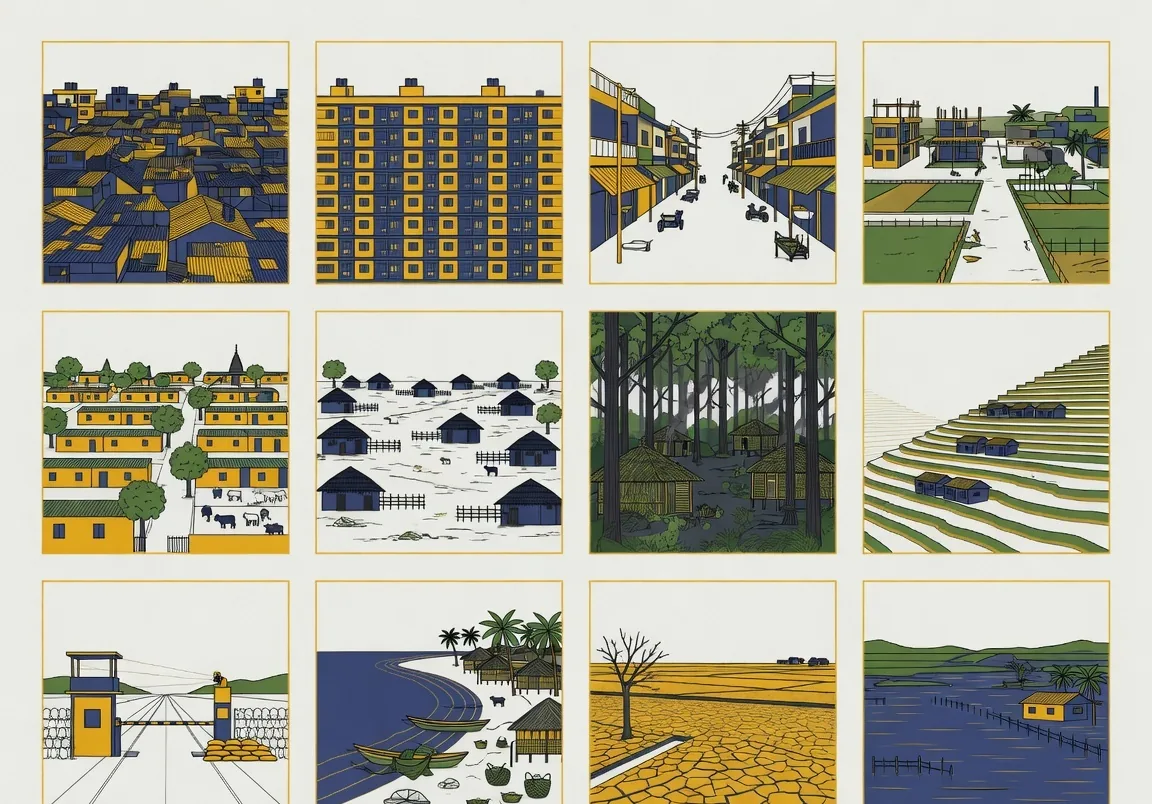 Twelve small square vignettes in a grid, each a minimal landscape silhouette in the same line style: dense slum rooftops, an apartment colony, a small-town street, a peri-urban fringe, a prosperous village, a poor village, a forested tribal settlement, a hill terrace, a border post, a coastal fishing beach, a cracked dry field and a flooded plain.